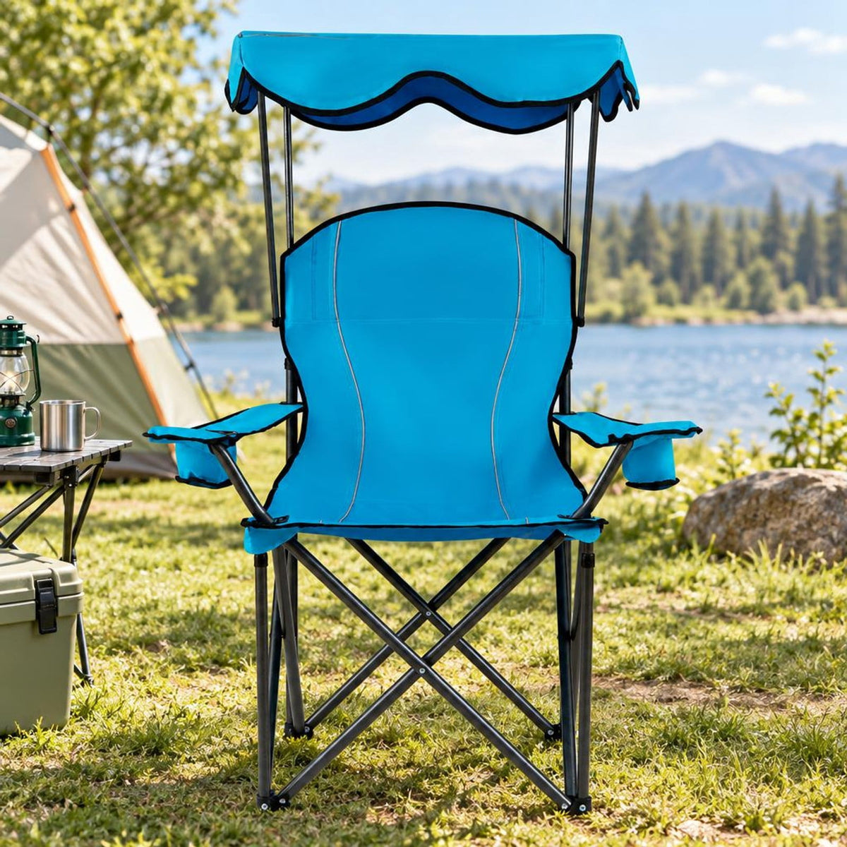 Airfind Portable Folding Beach Canopy Chair with Cup Holders, 265 lbs Capacity, Steel tubes Frame, 38 x 26.5 x 51 Footprint, Light Blue