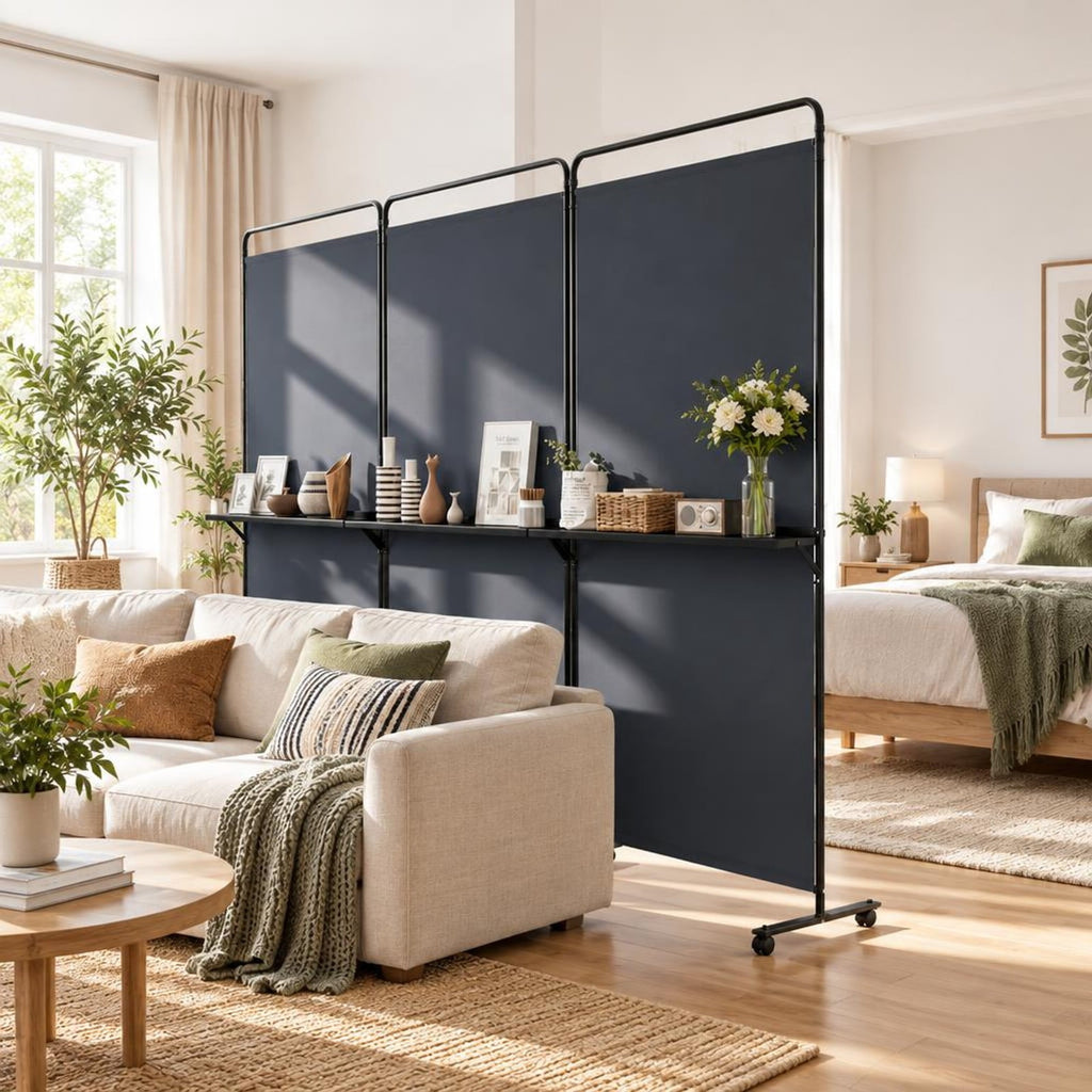 Airfind 3-Panel Room Divider with Shelves 6 FT Tall Folding Privacy Screen with Lockable Wheels, Polyester Fabric Metal Frame, Grey