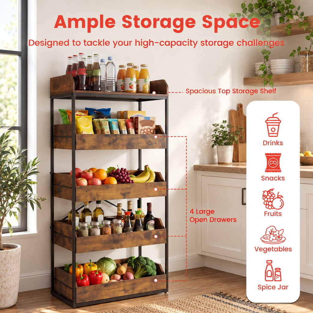 Airfind 5, Tier Food Storage Rack with 4 Pull, out Drawers and Adjustable Feet, Rustic Brown, Assembly needed, for Everyday Home Use