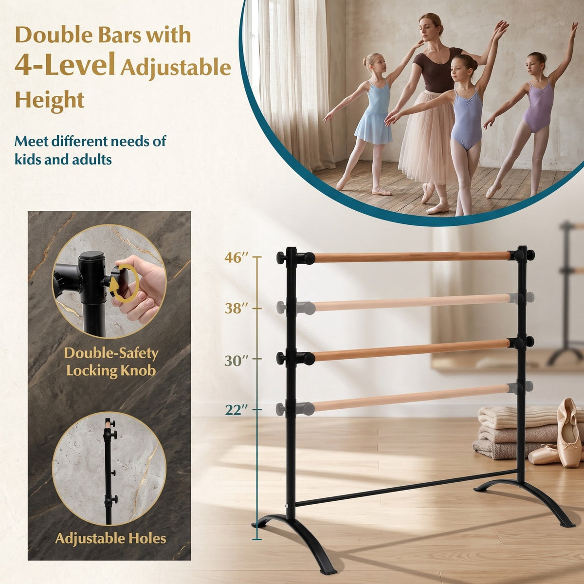 Airfind 4 Foot Freestanding Double Ballet Barre with Beech Wood Rails and 4 Level Height Adjustment for Studio and Home, Black