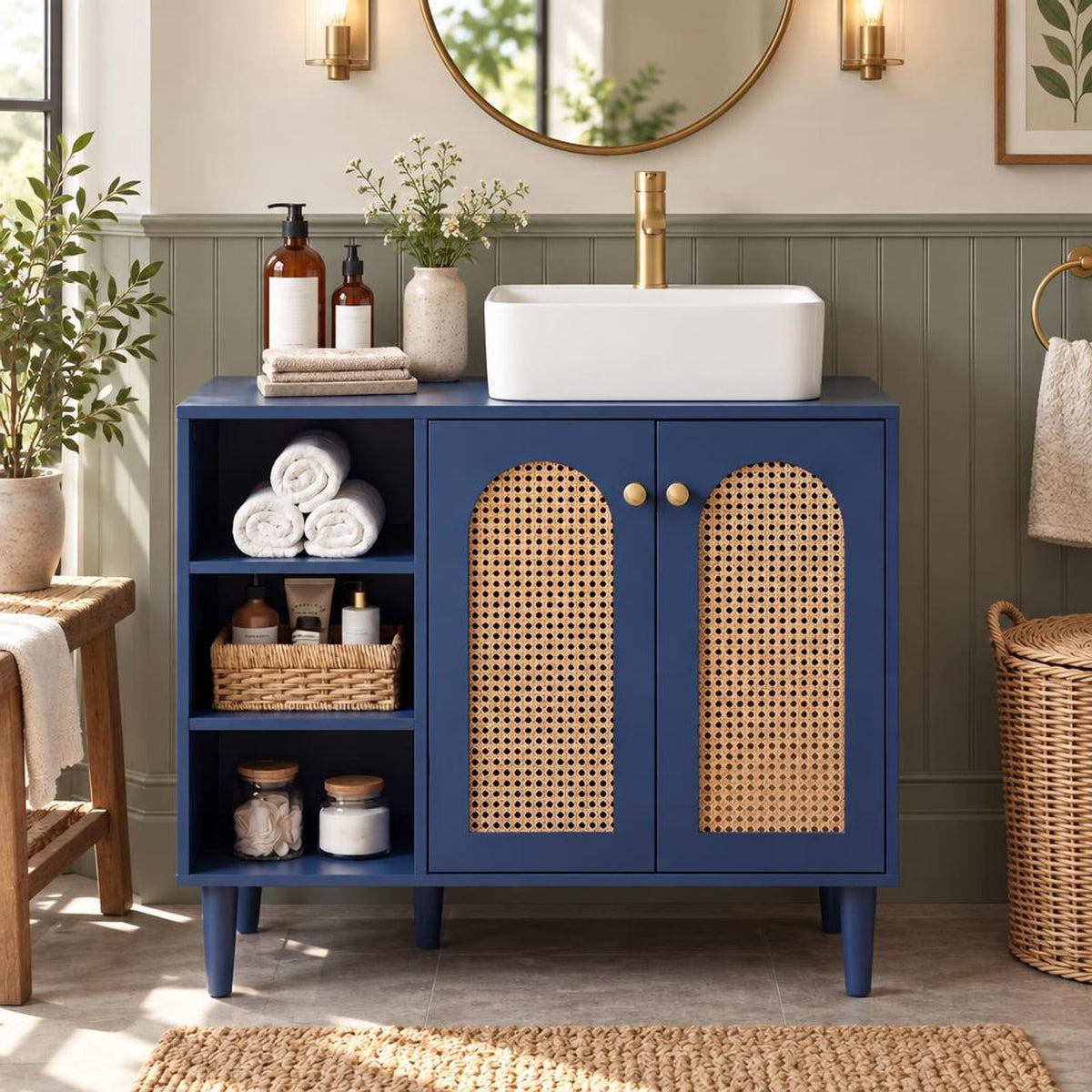 Airfind 36 Inch Under Sink Cabinet Boho for Vessel Sinks and Single-Handle Faucets, 265 lbs Capacity, MDF Rubber Wood PE Rattan Metal Frame, Navy