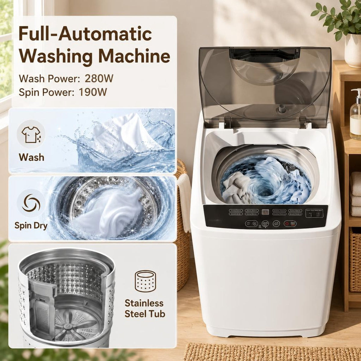 Airfind 9.93 lbs Full Automatic Washing Machine with 8 Preset Programs, Stainless Steel PP Frame, White