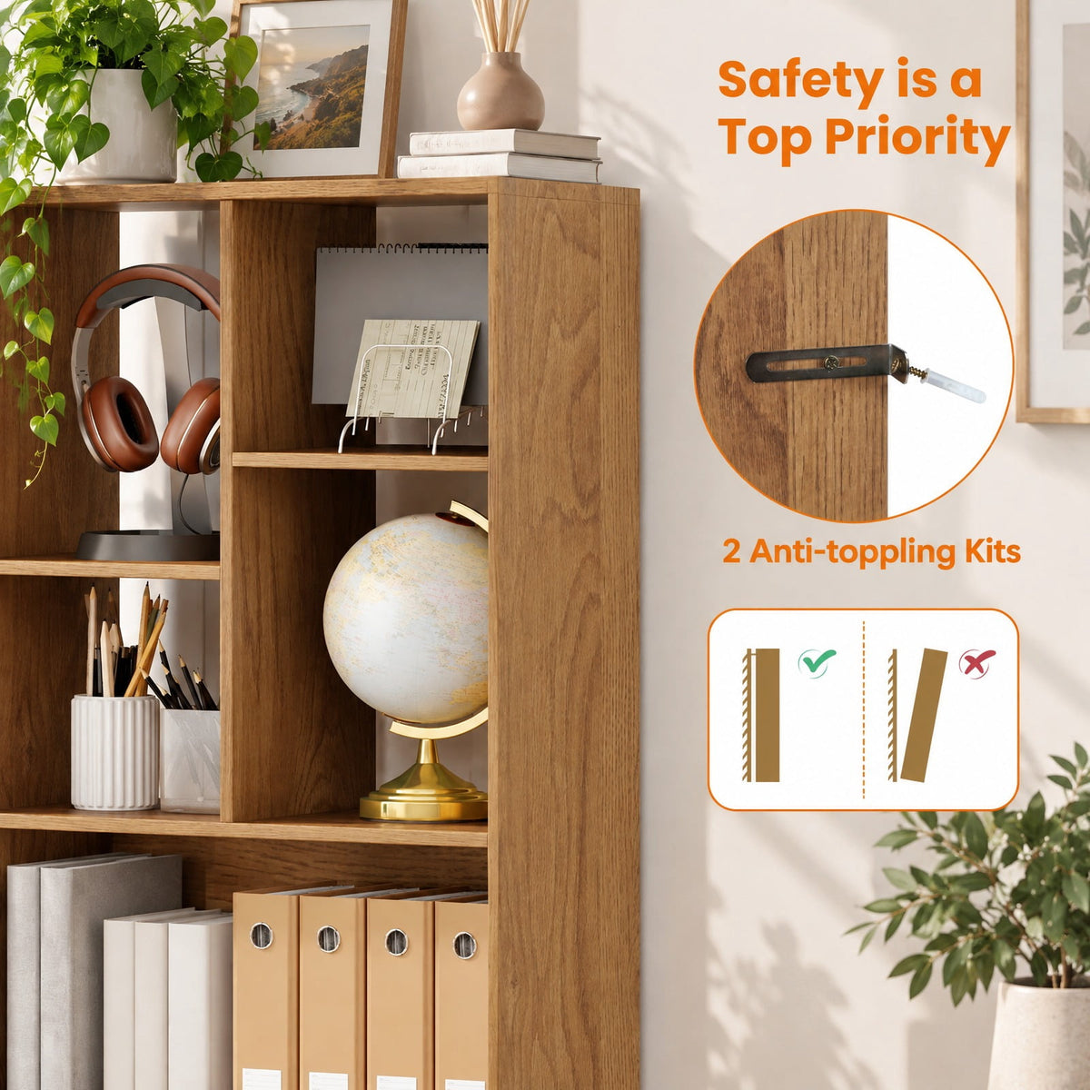 Airfind 51inch Tall Freestanding Bookcase with Drawer 7-Cube Storage Organizer, 165 lbs Capacity, Engineered Wood MDF Frame, Natural