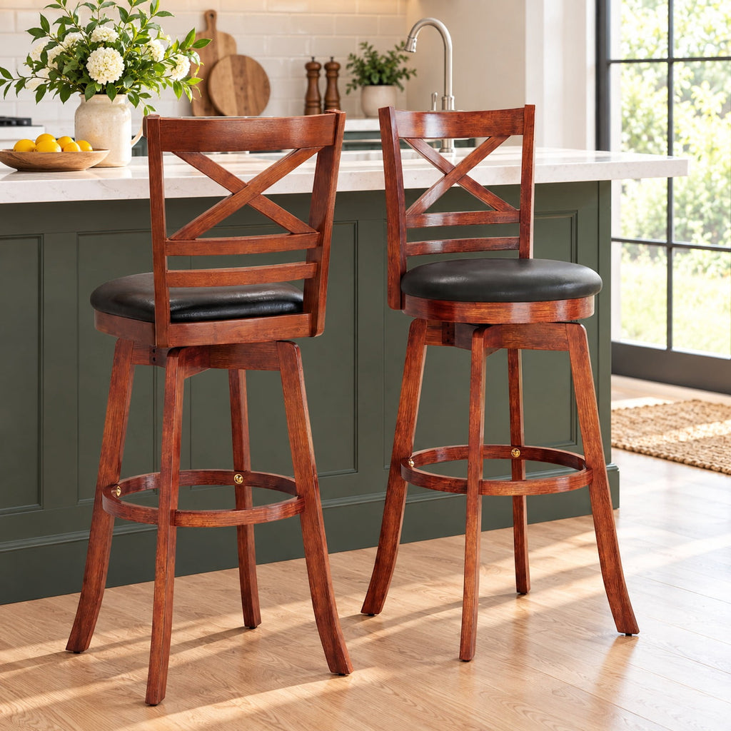 Airfind Swivel Barstools Set of 2 with Backrest and Footrest-29 Inches, 350 lbs Capacity, Rubberwood PU MDF Sponge Frame, Antique Walnut + Black