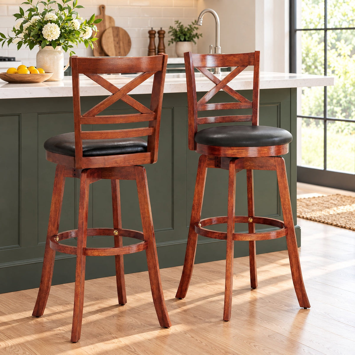 Airfind Swivel Barstools Set of 2 with Backrest and Footrest-29 Inches, 350 lbs Capacity, Rubberwood PU MDF Sponge Frame, Antique Walnut + Black