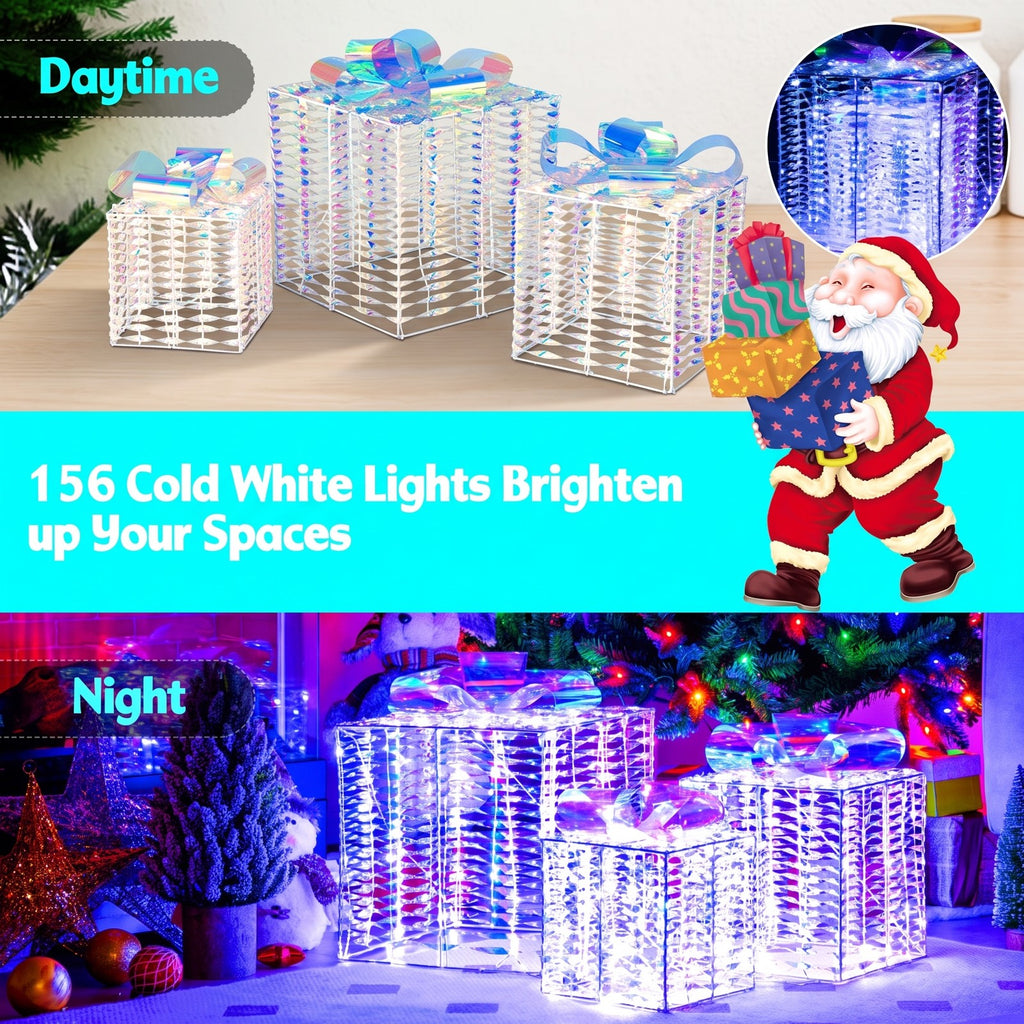Airfind Iridescent Christmas Gift Box, Set of 3 Christmas Gift Box with Bows, PVC Metal Large, 13 Inch x 13 Inch x 13 Inch (L x W x H) Medium, Iridescent