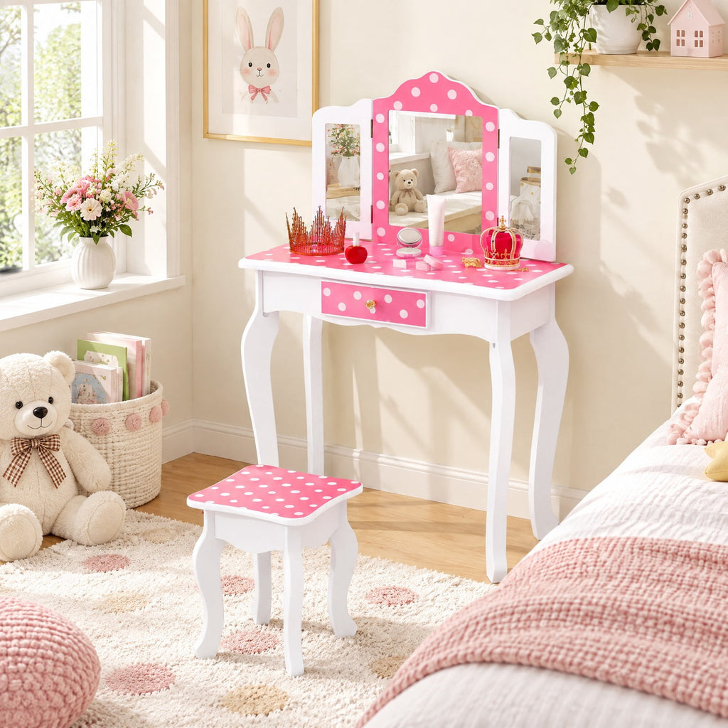 Airfind Princess Pretend Play Makeup Dressing Table with Cute Polka Dot Print, 66 lbs Capacity, MDF Acrylic Frame, for 3-7 Years Old, Pink