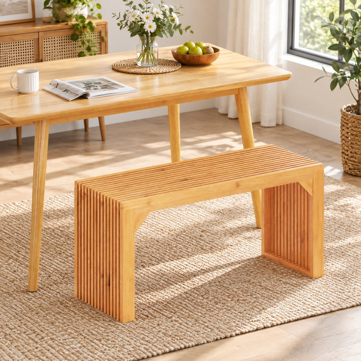 Airfind Bamboo Dining Bench Long Entryway Bench Indoor Outdoor Solid Wood Bench, 660 LBS Capacity, Bamboo Frame, 36 x 13 x 17 Footprint, Natural