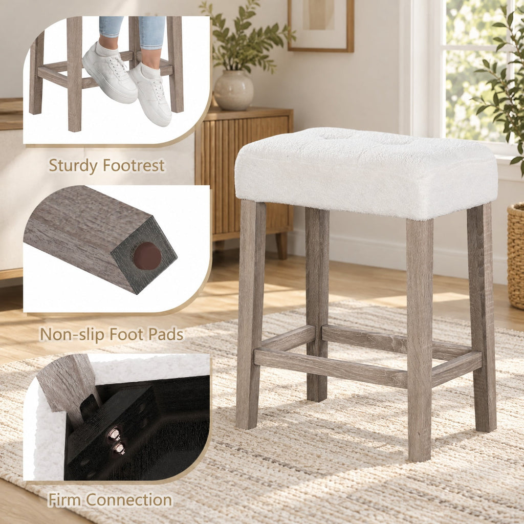 Airfind Modern Counter Height Bar Stools Set of 2 with Rubber Wood Legs, 350 lbs Capacity, Sherpa Fabric Rubber Wood MDF Sponge Frame, White