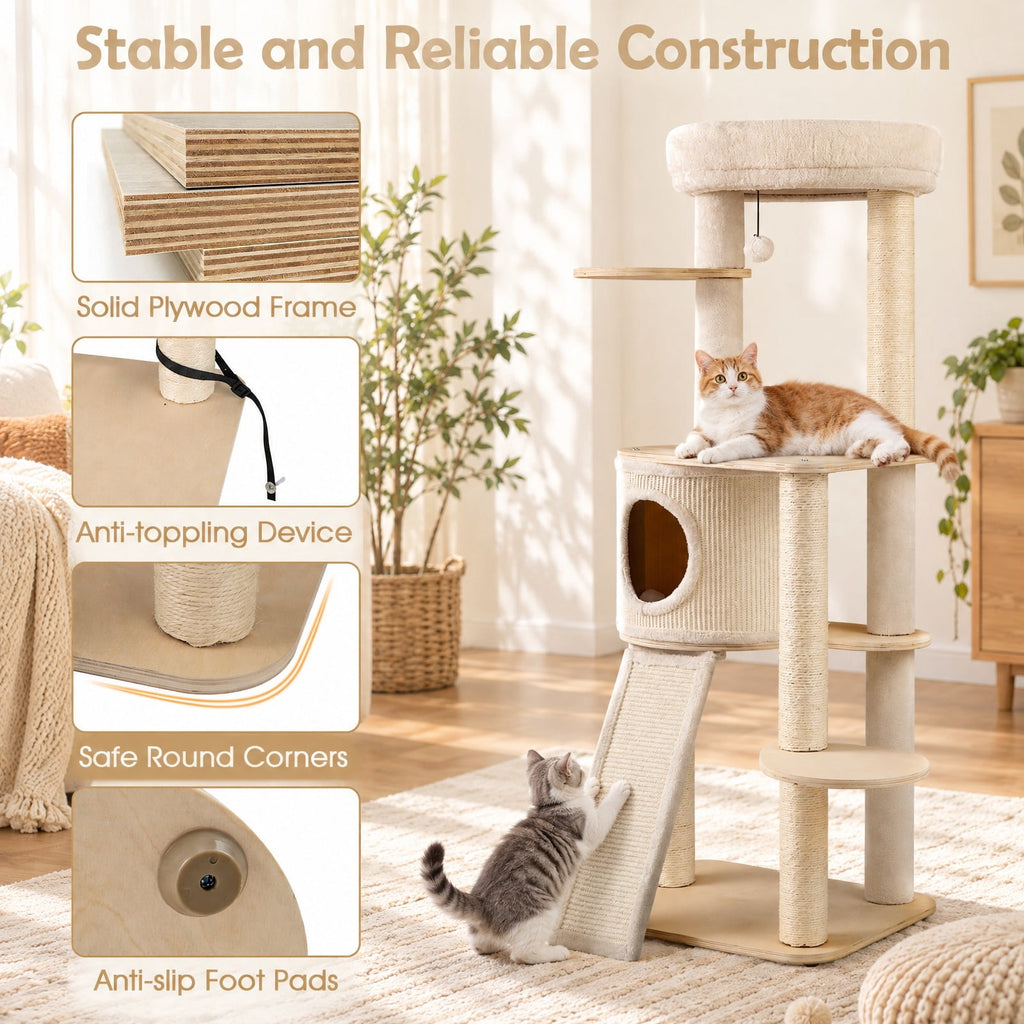 Airfind 56 Inch Tall Cat Tree with 2 Sisal Scratching Posts and Ladder, 33 lbs Capacity, 23 Inch x 19 Inch x 56 Inch Condo Footprint, Natural