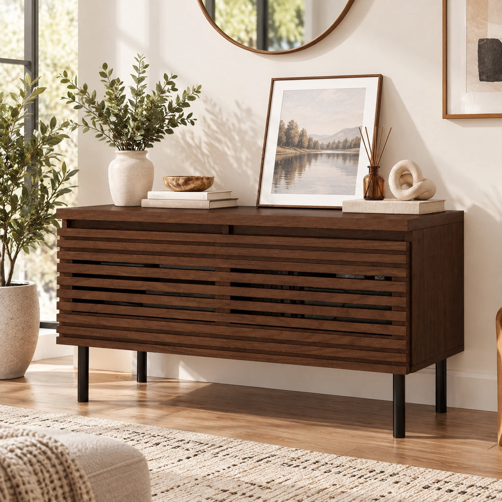 Airfind Mid Century Fluted TV Stand for 40 TV with 2 Hidden Compartments and Metal Legs, 90 lbs Capacity, Metal Engineered Wood Frame, Walnut