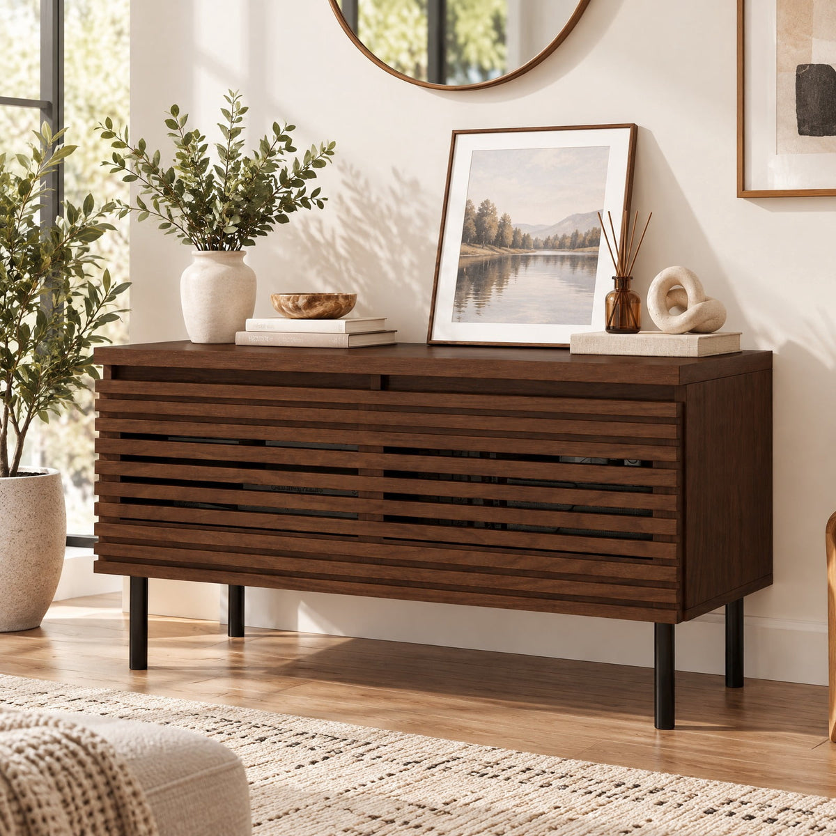 Airfind Mid Century Fluted TV Stand for 40 TV with 2 Hidden Compartments and Metal Legs, 90 lbs Capacity, Metal Engineered Wood Frame, Walnut