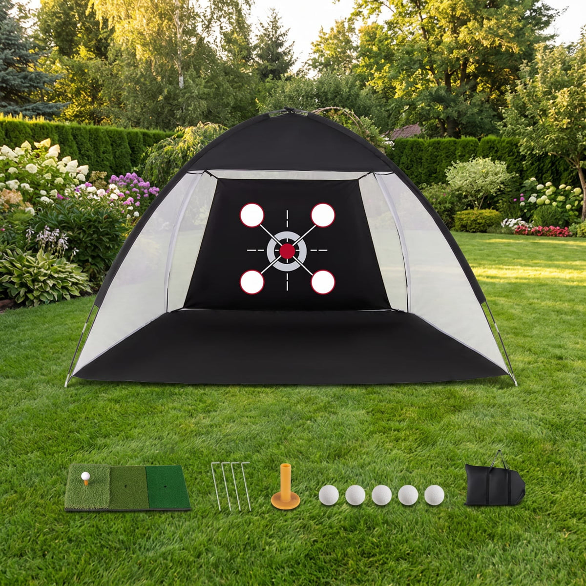 Airfind 10.3 x 6.5 Foot Golf Practice Net with Foldable Tri Turf Hitting Mat and Carry Bag for Backyard Garage and Indoor Swing Training, Black