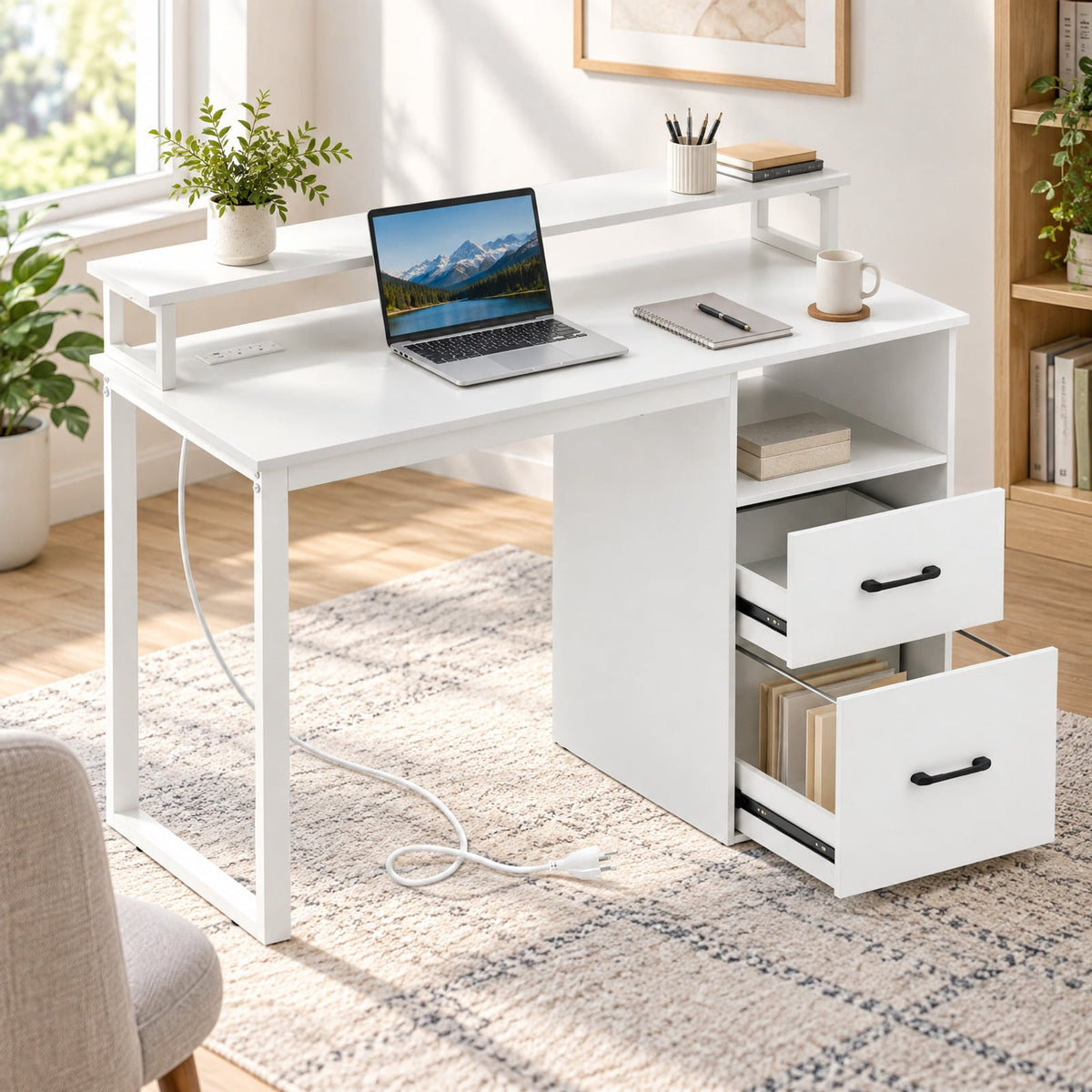 Airfind Modern Computer Desk with Power Outlets and File Drawer, 135 lbs Capacity, Engineered Wood Metal Frame, 48 Inch x 20 Inch x 35 Inch Footprint, White