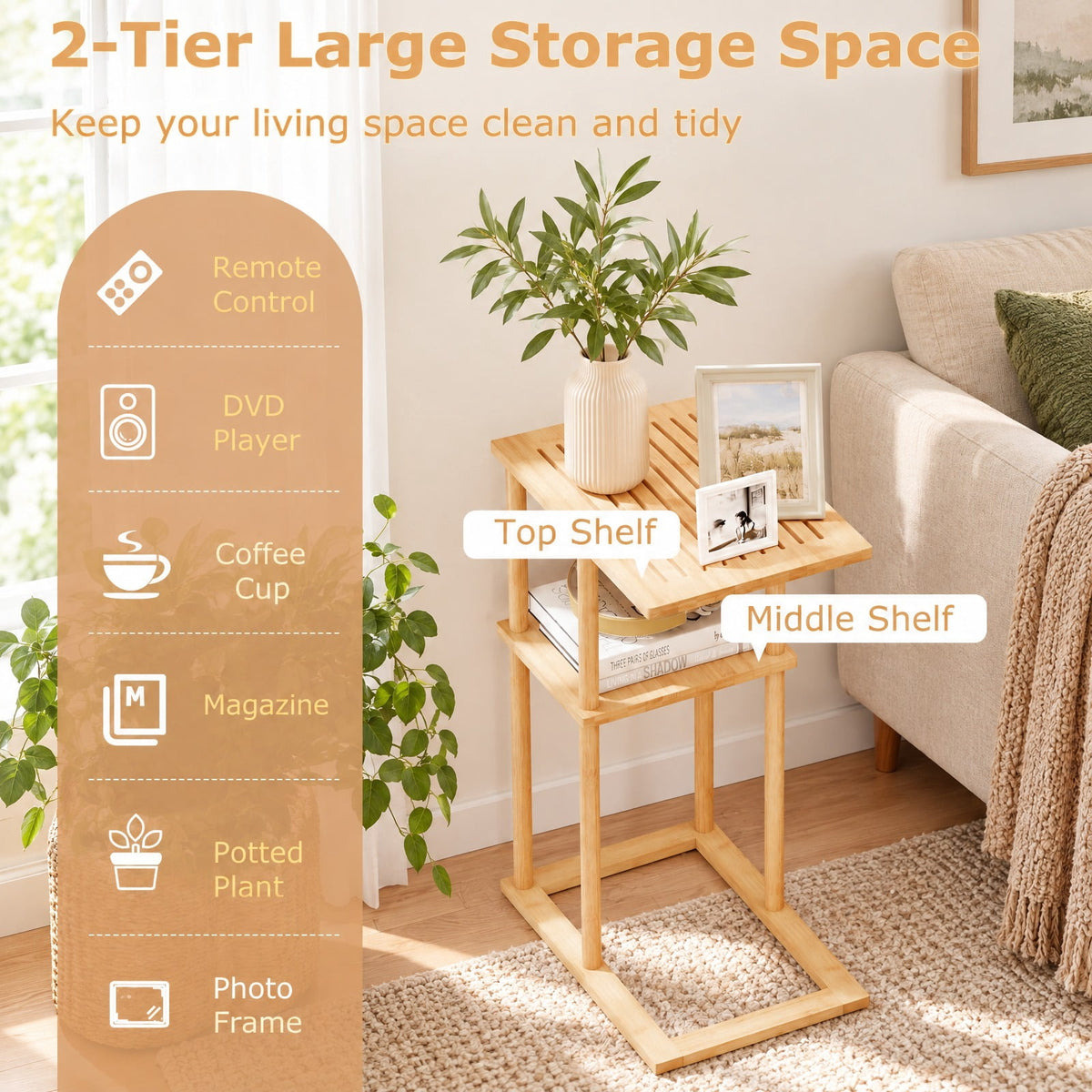 Airfind Side Table Set of 2 with Storage Shelves and Bamboo Construction, 22 lbs Capacity, Bamboo, 15.7 Inch x 11 Inch x 25.6 Inch , Natural