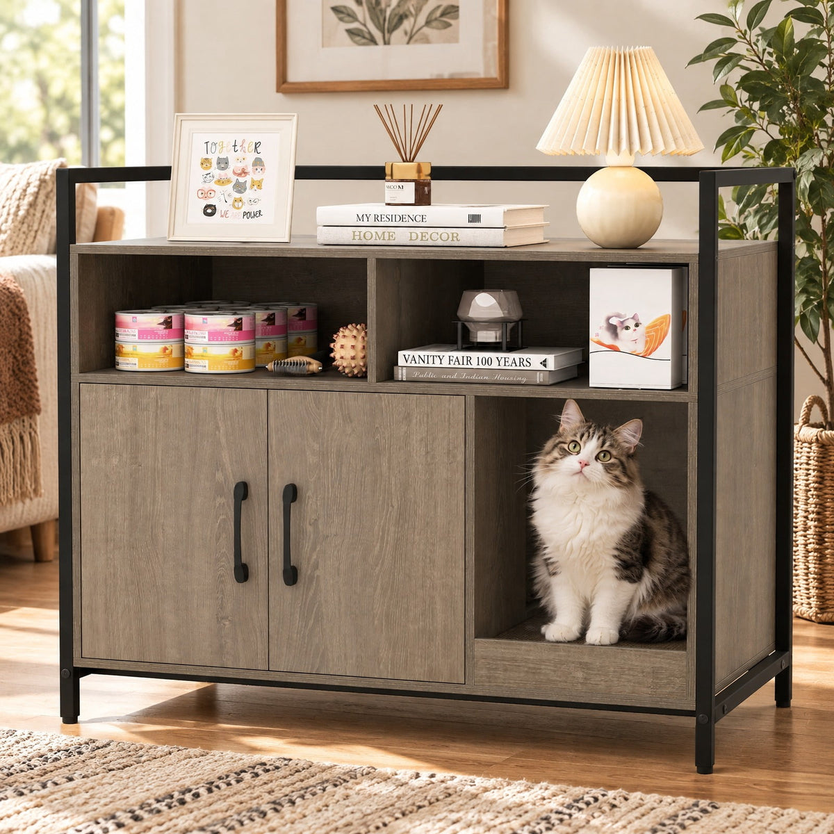 Airfind Hidden Cat Washroom with Double Doors and Scratch Cardboard, MDF Metal Frame, 35 x 17.5 x 29.5 Compartment Footprint, Oak