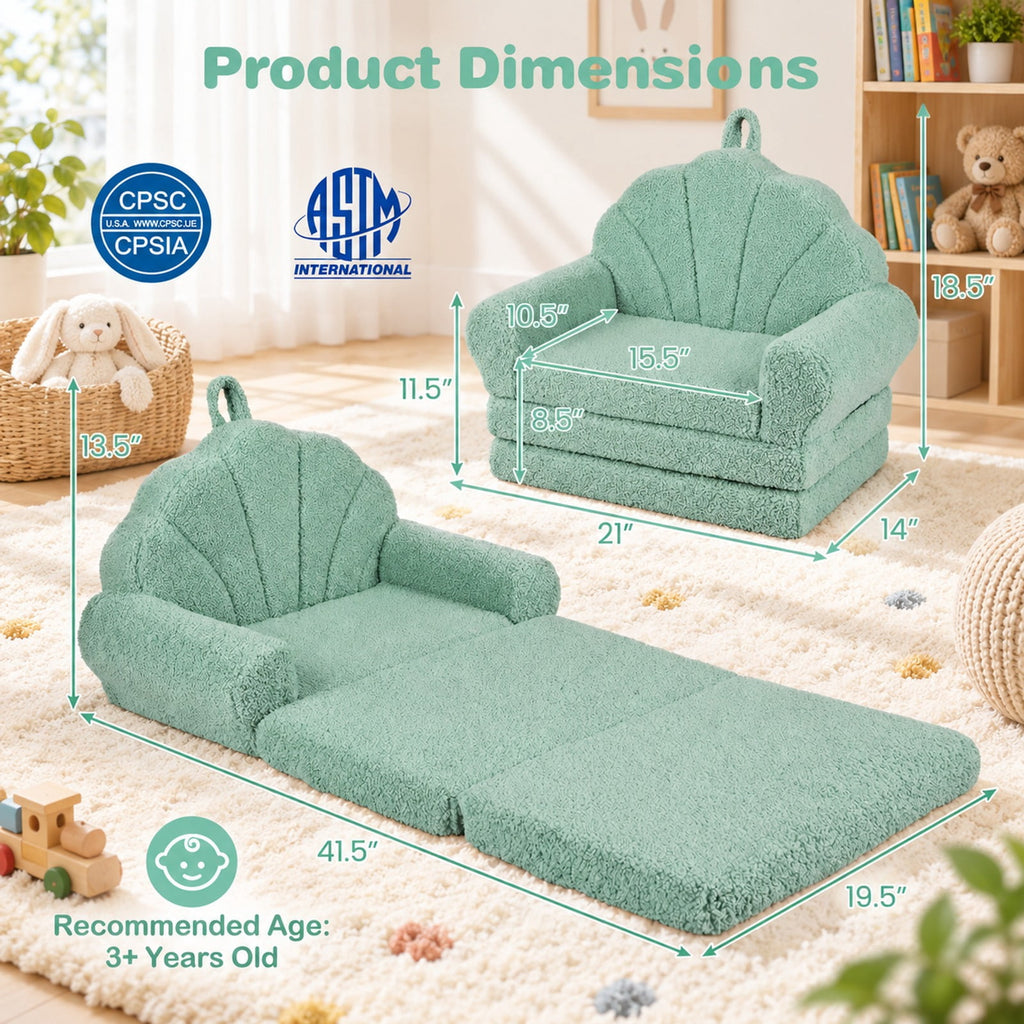 Airfind Convertible Kids Sofa 2, in, 1 Fold out Toddler Couch Chair, Green, Can be used as a sofa chair or a flat lounge bed, No assembly needed
