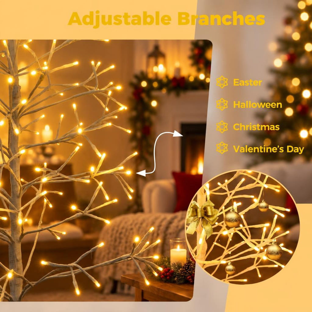 Airfind 5 FT Lighted Birch Tree Pre-lit Twig Tree with 240 Warm White Light LED Lights-5 FT, Metal PVC Concrete Frame, White