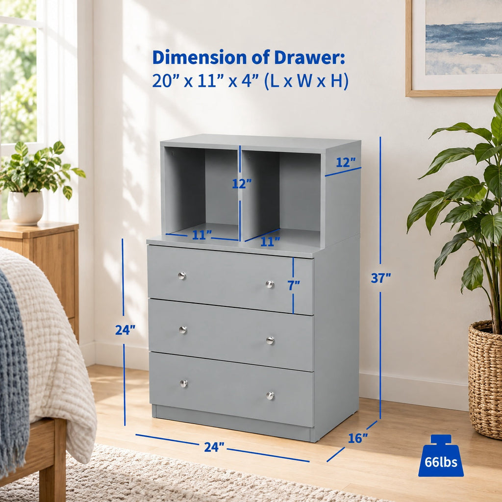 Airfind 3 Drawer Dresser with Cubbies Storage Chest for Bedroom Living Room, Engineered wood metal Frame, 24in x 16in x 37in Footprint, Gray