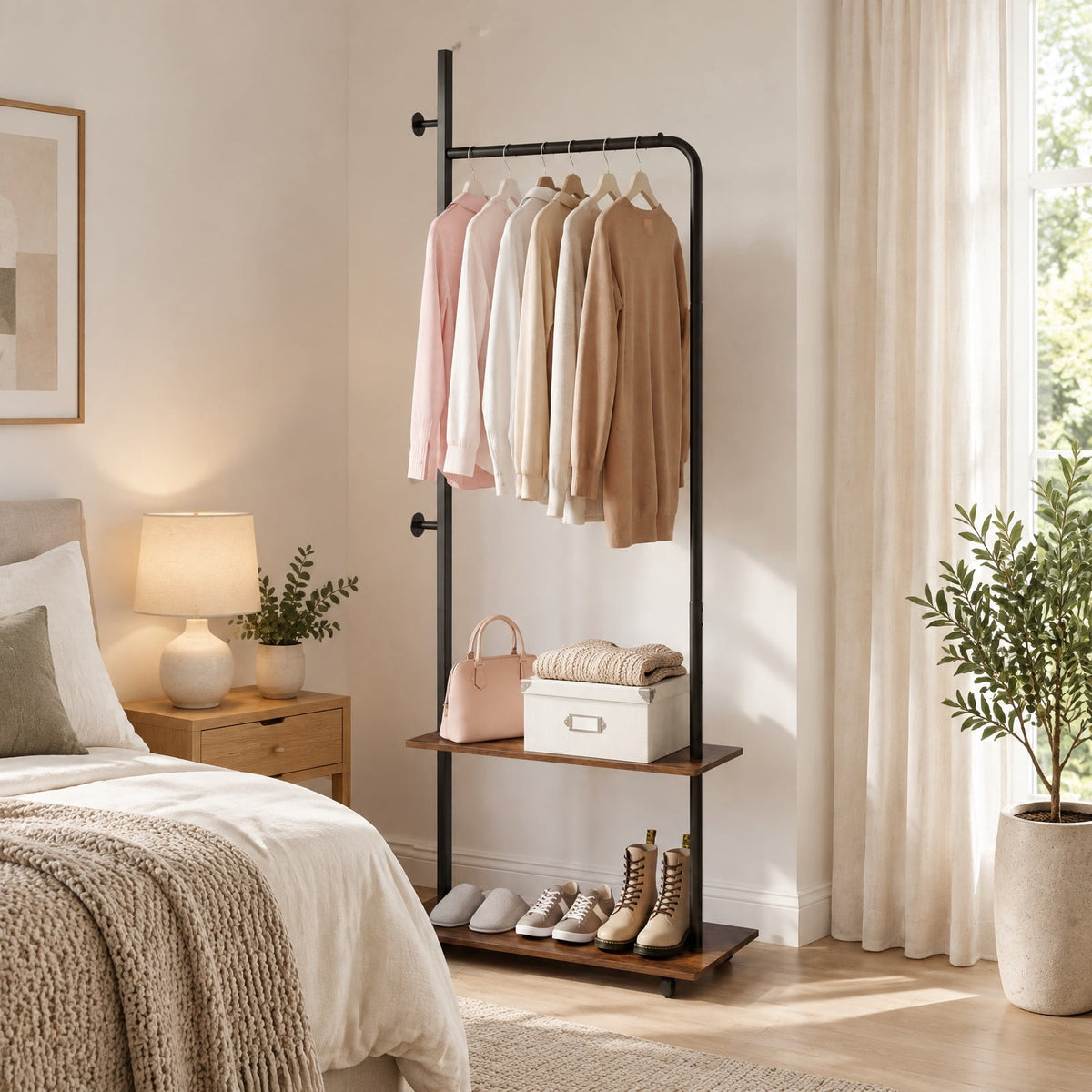 Airfind Freestanding Clothing Rack with Wheels and Storage Shelves for Entryway and Bedroom, 120 lbs Capacity, Engineered Wood Metal Frame, Brown