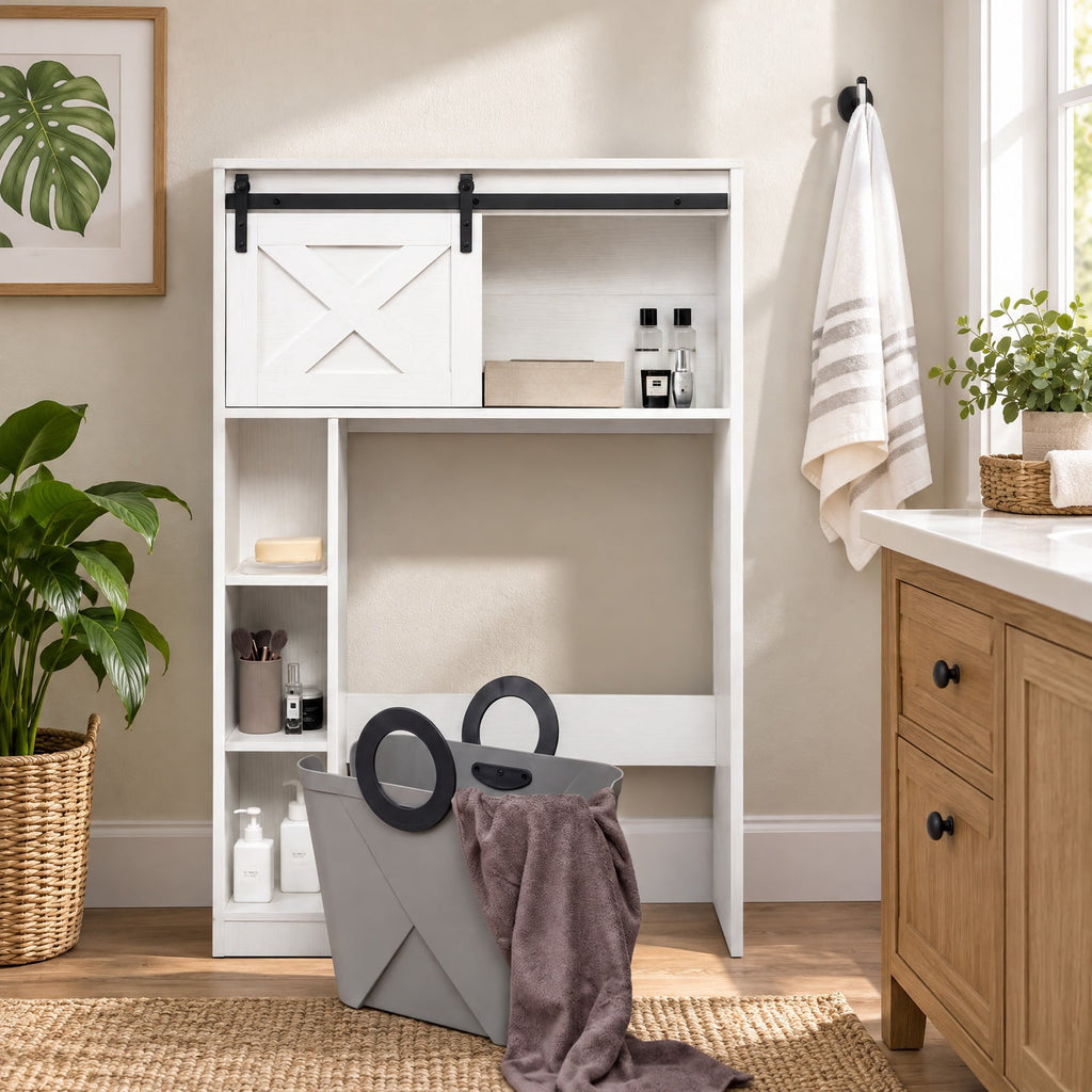 Airfind 4-Tier Over The Toilet Storage Cabinet with Sliding Barn Door and Storage Shelves, 154 lbs Capacity, Engineered Wood MDF Frame, White
