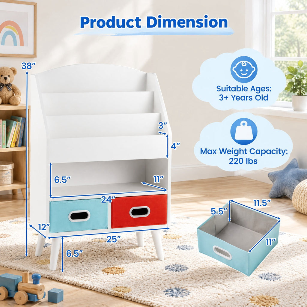 Airfind Youth Bookshelf featuring Open Compartment for Youth 3+ Years Old, 220 lbs Capacity, MDF Engineered Wood Non-woven Fabric Frame, White