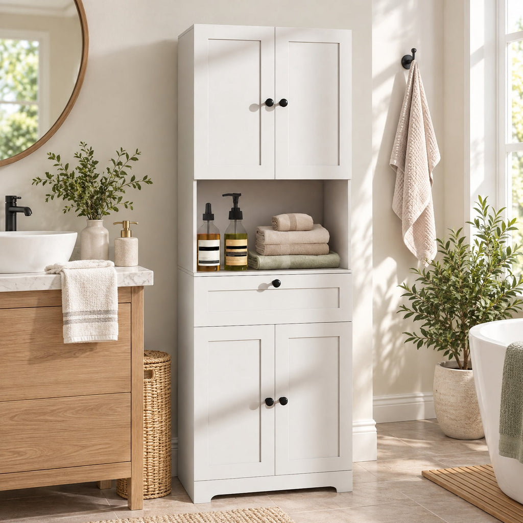 Airfind 67.5 Inch Tall Modern Freestanding Floor Storage Cabinet with 4 Doors and 1 Drawer, 243 lbs Capacity, MDF Engineered Wood Frame, White