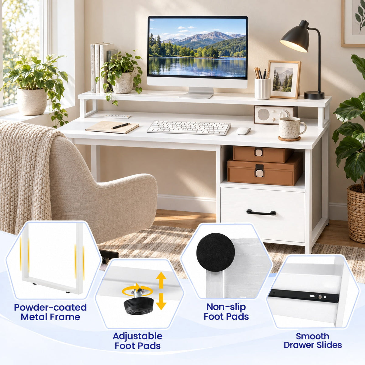 Airfind Modern Computer Desk with Power Outlets and File Drawer, 135 lbs Capacity, Engineered Wood Metal Frame, 48 Inch x 20 Inch x 35 Inch Footprint, White