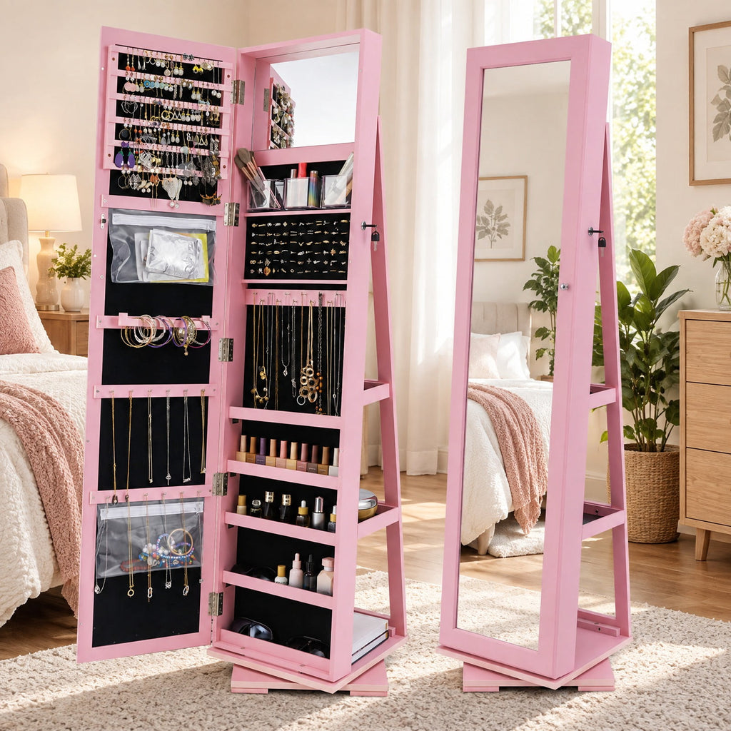 Airfind 360° Rotatable 2-in-1 Lockable Jewelry Cabinet with Full-Length Mirror, P2 MDF, 15 Inch x 15 Inch x 63.5 Inch (L x W x H) External, Pink
