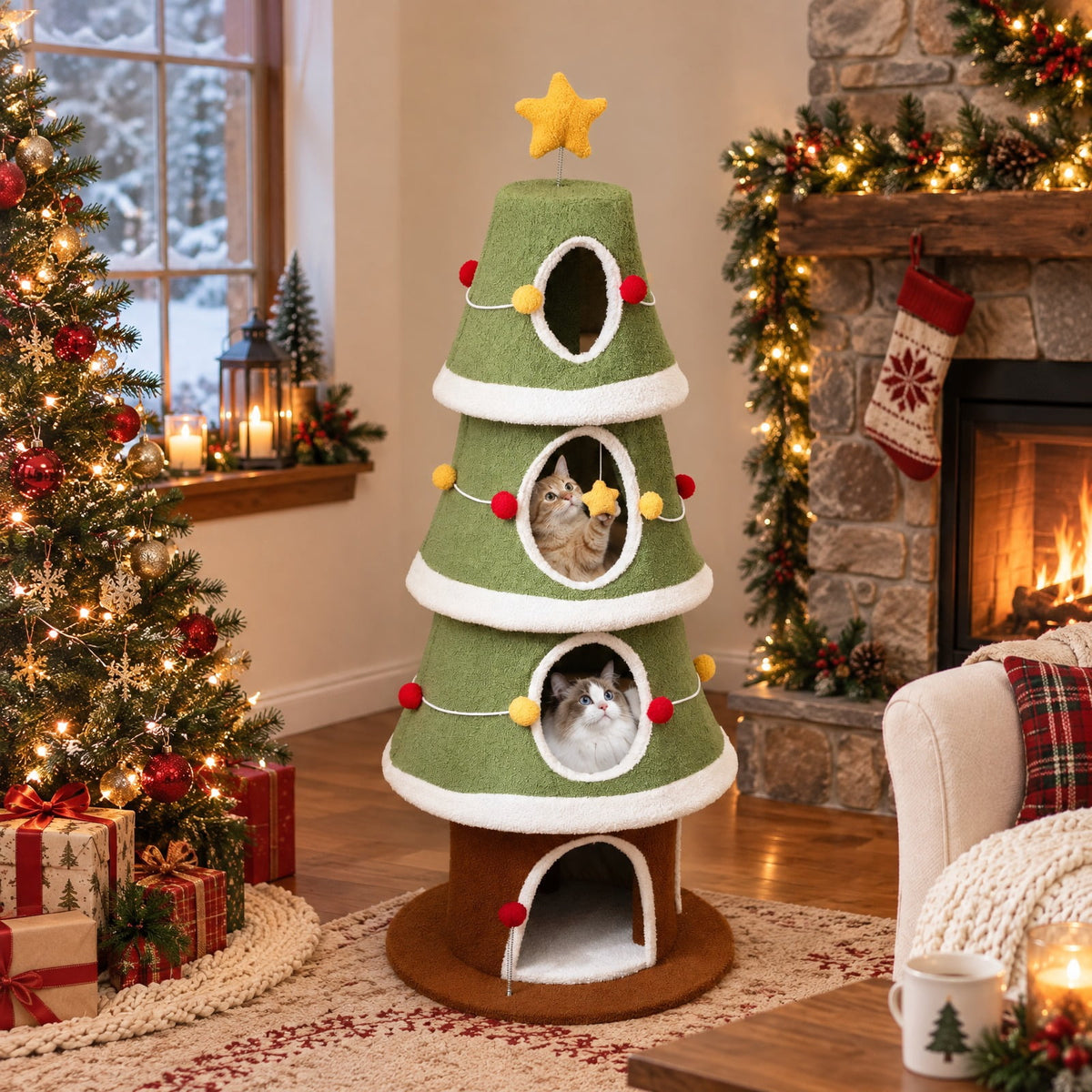 Airfind Large Christmas Cat Tree for Indoor Cats 61 Inch Cute Cat Tower with 4 Condos, 11 lbs Capacity, Engineered Wood Plush Fabric Frame, Green