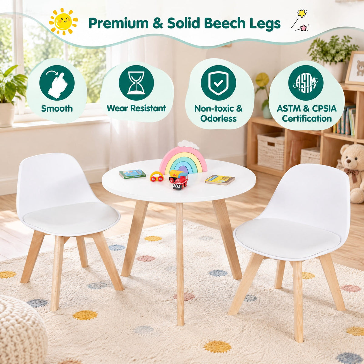 Airfind Modern Kids Activity Play Table and 2 Chairs Set with Beech Leg Cushion, 176 lbs Capacity, MDF beech wood PP Frame, 23.5 x 20 Footprint