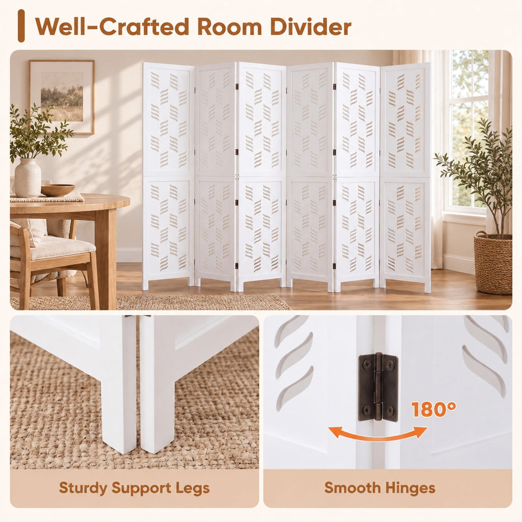 Airfind 5.5 FT Tall Room Divider 6 Panels with Wave Cutout and Paulownia Frame for Room, Paulownia Wood Metal Frame, 95in x 67in Footprint, White