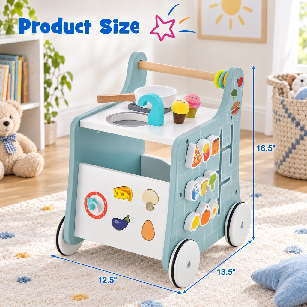 Airfind 6-in-1 Wooden Baby Stroller with Play Kitchen for Kids Over 12 Months, MDF Beech Wood Plastic Frame, 12 x 13.5 x 16.5 Footprint, Blue