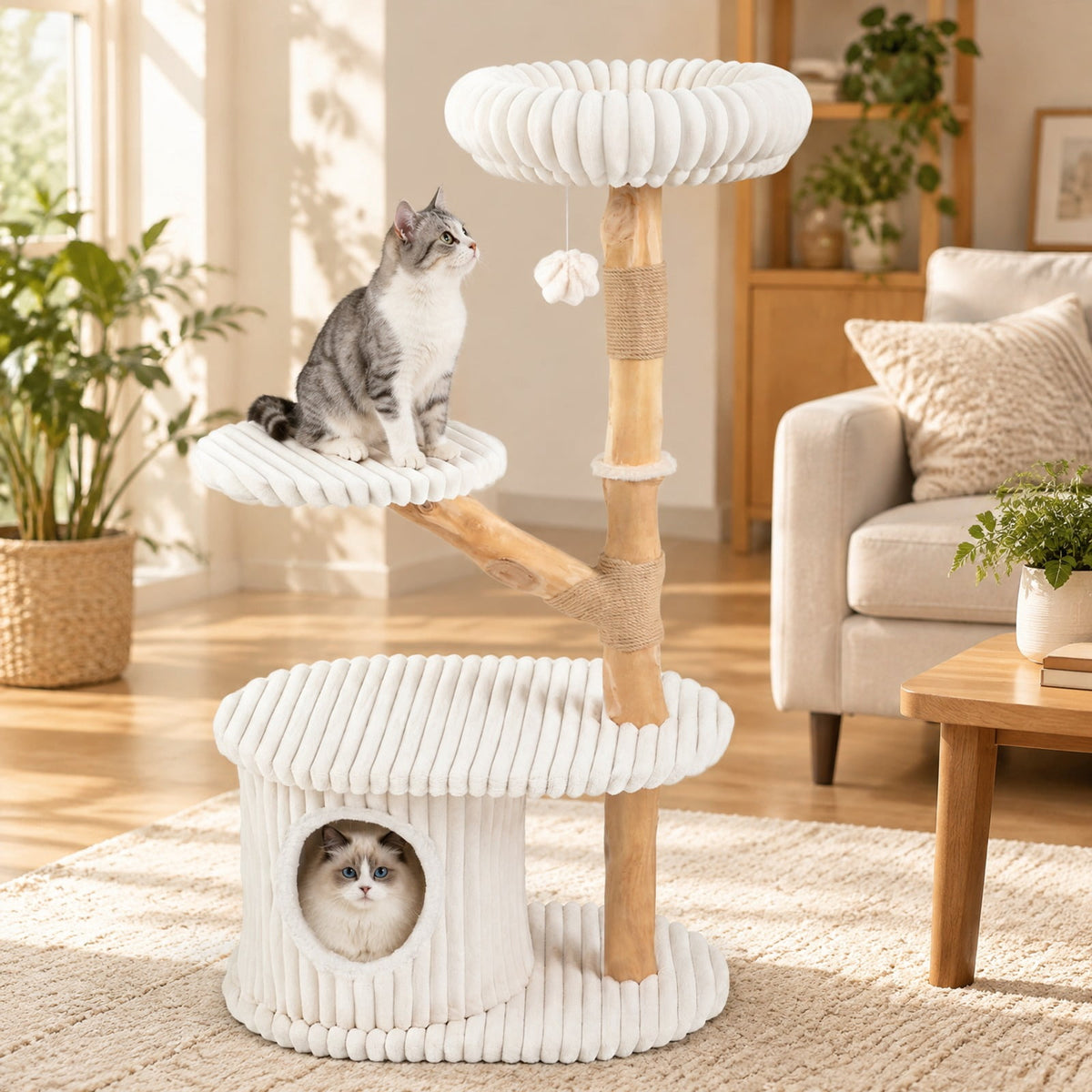 Airfind 41 Inch Tall Modern Cat Tower with Real Wood Branches Scratching Posts for Indoor, Beige, a distinctive shape and rich wood grain
