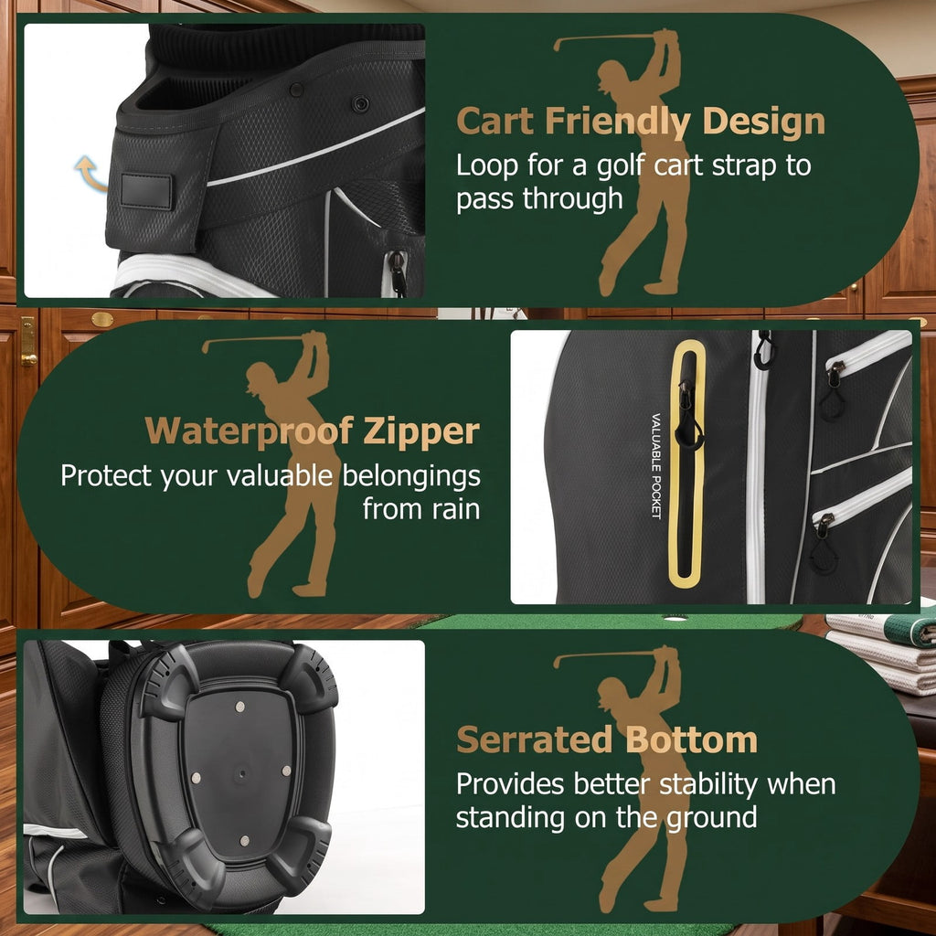Airfind 9.5 Inch Lightweight Golf Cart Bag with 15 Way Top Dividers, 7 Zipper Pockets, Cooler Bag, Rain Hood, Shoulder Strap for Men Women, Black