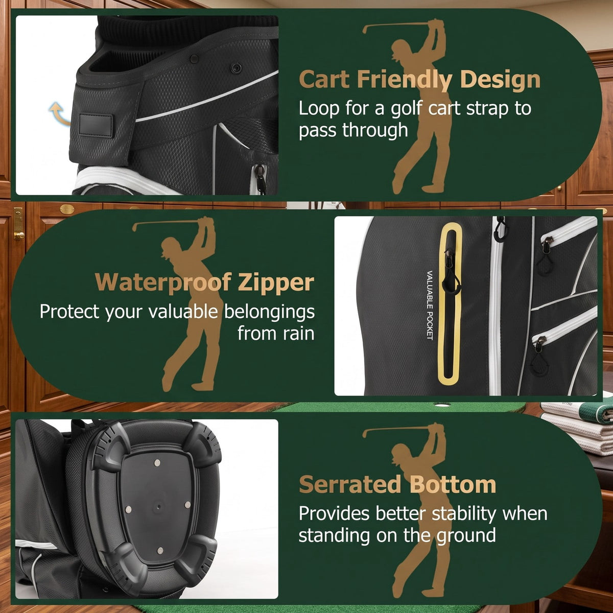 Airfind 9.5 Inch Lightweight Golf Cart Bag with 15 Way Top Dividers, 7 Zipper Pockets, Cooler Bag, Rain Hood, Shoulder Strap for Men Women, Black
