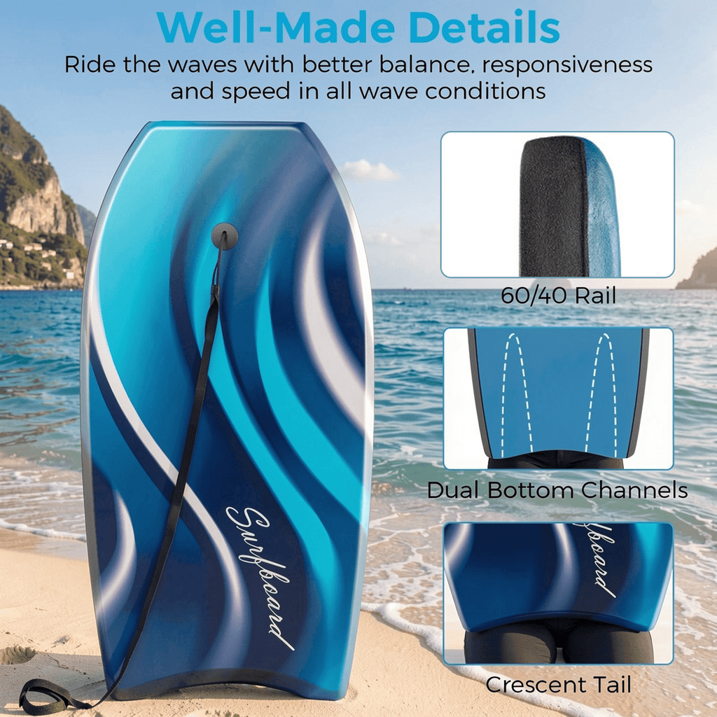 Airfind 37 Boogie Board with Tropical Reef Graphic Deck ¡ª EPS Core, XPE Top, HDPE Slick Bottom, Crescent Tail, Coiled Wrist Leash