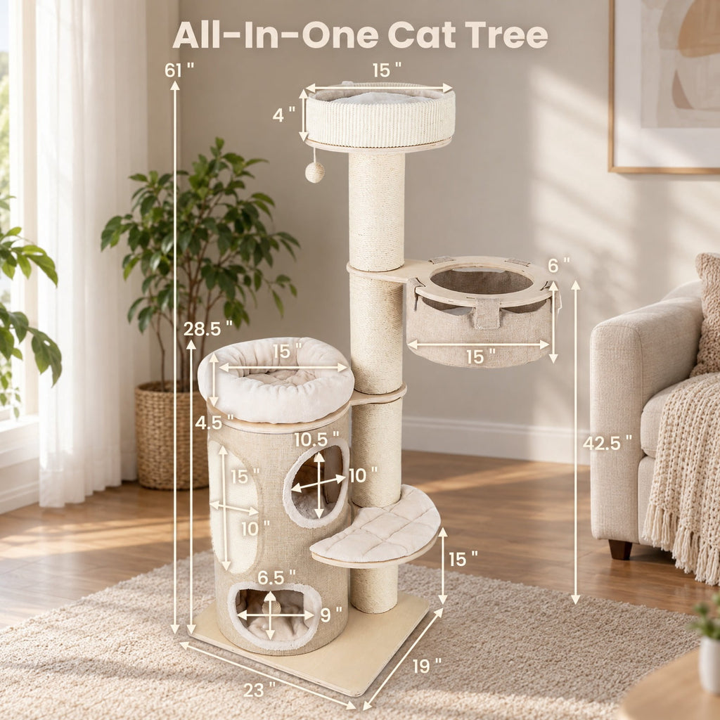 Airfind 61 Inches Cat Tree for Indoor Cats with 2-stoery Condo and Top Perch, 33 lbs Capacity, Natural