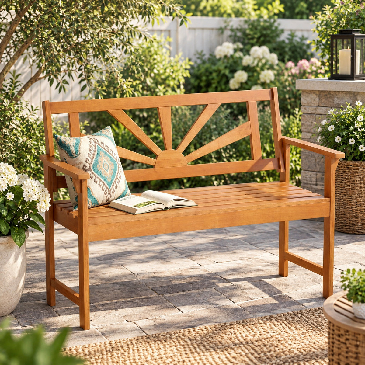 AIRFIND Outdoor Bench 47 inch Acacia Wood 2-Seater Patio Loveseat with Slatted Seat, Sunburst Backrest and Armrests, 800 lb Capacity, Natural