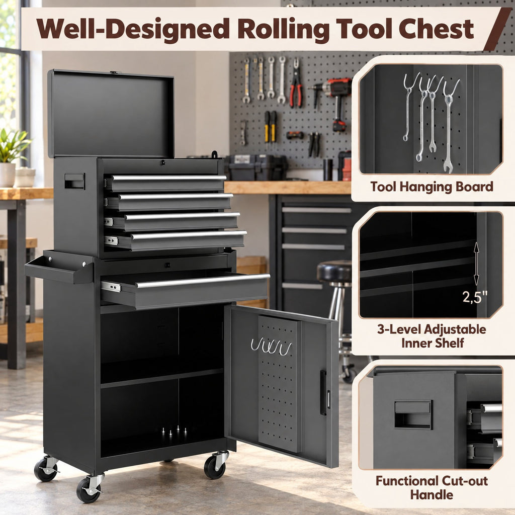 Airfind 2-in-1 Rolling Tool Chest with 5 Sliding Lockable Drawers-Black and Gray, 220.5 lbs Capacity, Steel rubber-plastic synthetic Frame, Black
