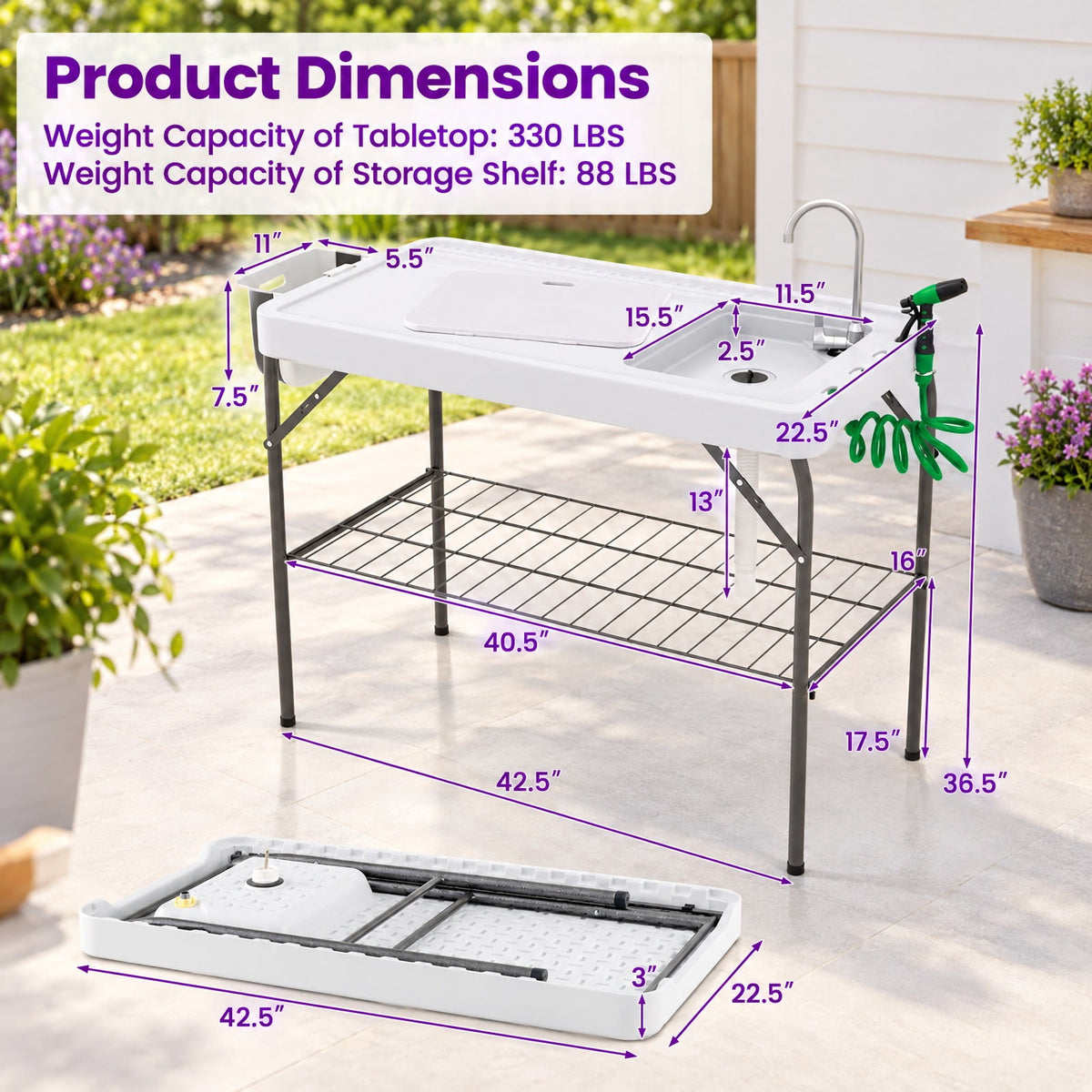 Airfind 2 in 1 Folding Fish Cleaning Table with Sink and Faucet for Patio BBQ, 330 lbs Capacity, HDPE Metal Stainless Steel Frame, White+Black