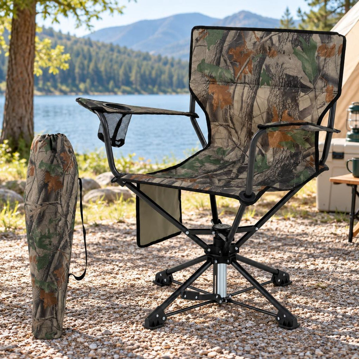 Airfind 360° Swivel Hunting Chair Portable Foldable with Mesh Cup Holder and Storage Pockets, 300 lbs Capacity, 600D Oxford Fabric PE Metal Frame