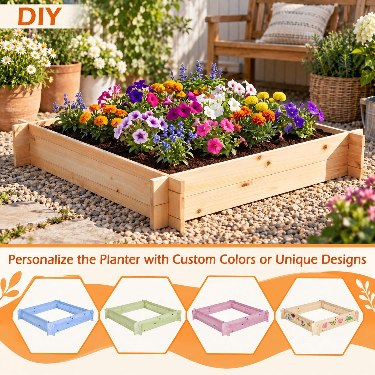 Airfind 39.5 x 39.5 Square Wooden Raised Garden Bed, Fir Wood Frame, 39.5 x 39.5 x 6.5 Footprint, Natural