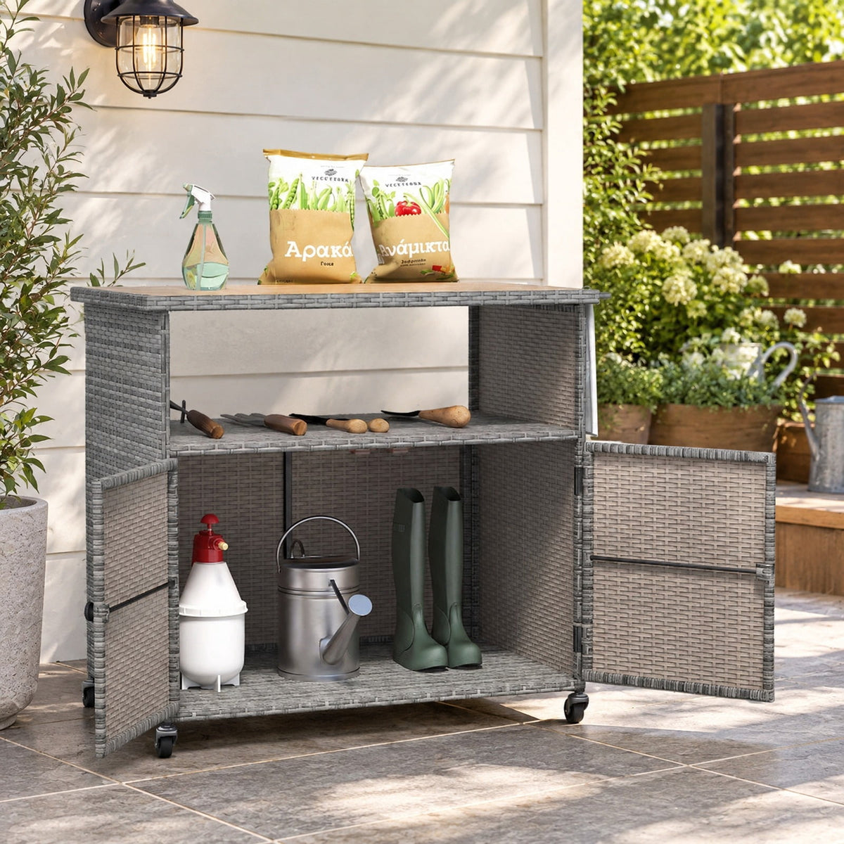 Airfind Outdoor Storage Cabinet with Acacia Wood Top and Lockable Wheels, 180 lbs Capacity, PE Rattan Acacia Wood Metal Frame, Gray