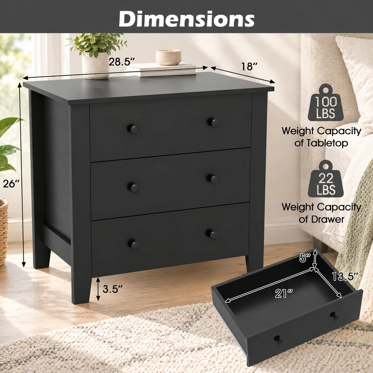 Airfind 3 Drawer Dresser Chest of Drawers Bedside Table-Black Wood Grain, MDF Frame, 28in x 18in x 26in Footprint, Dark Brown