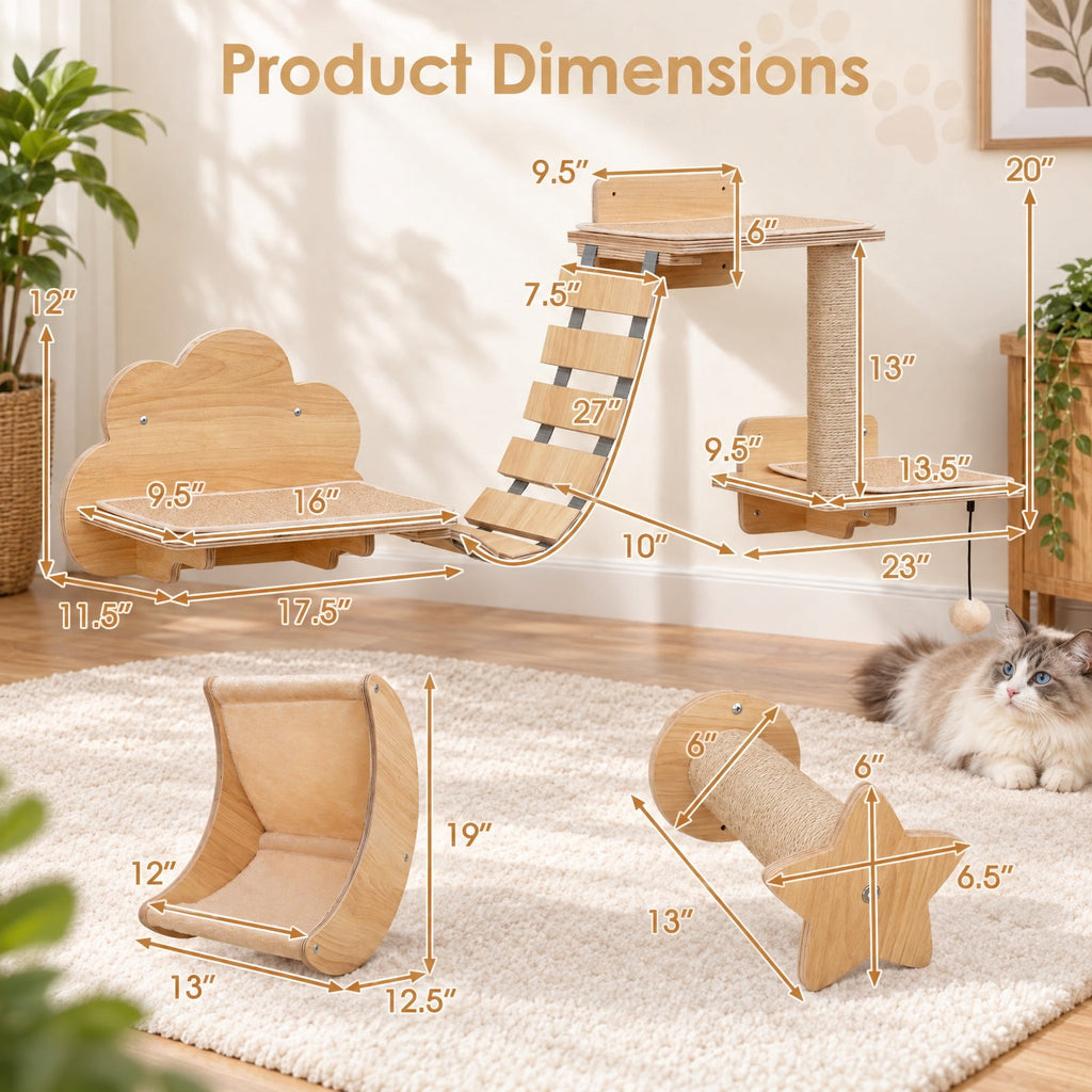 Airfind Cat Wall Furniture Set Kitten Wall Mounted Shelves with Hammock, 22 lbs Capacity, Natural, Size of the Hammock 13 Inch x 12.5 Inch x 19 Inch