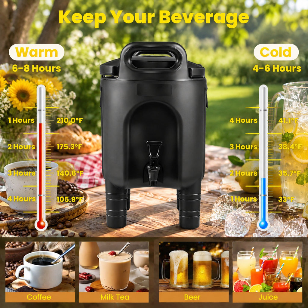 Airfind 2.6 Gal Insulated Beverage Dispenser with Handles and Two-Stage Faucet, LLDPE Nylon PE Silicone Frame, 16 × 12 × 19 Footprint, Black