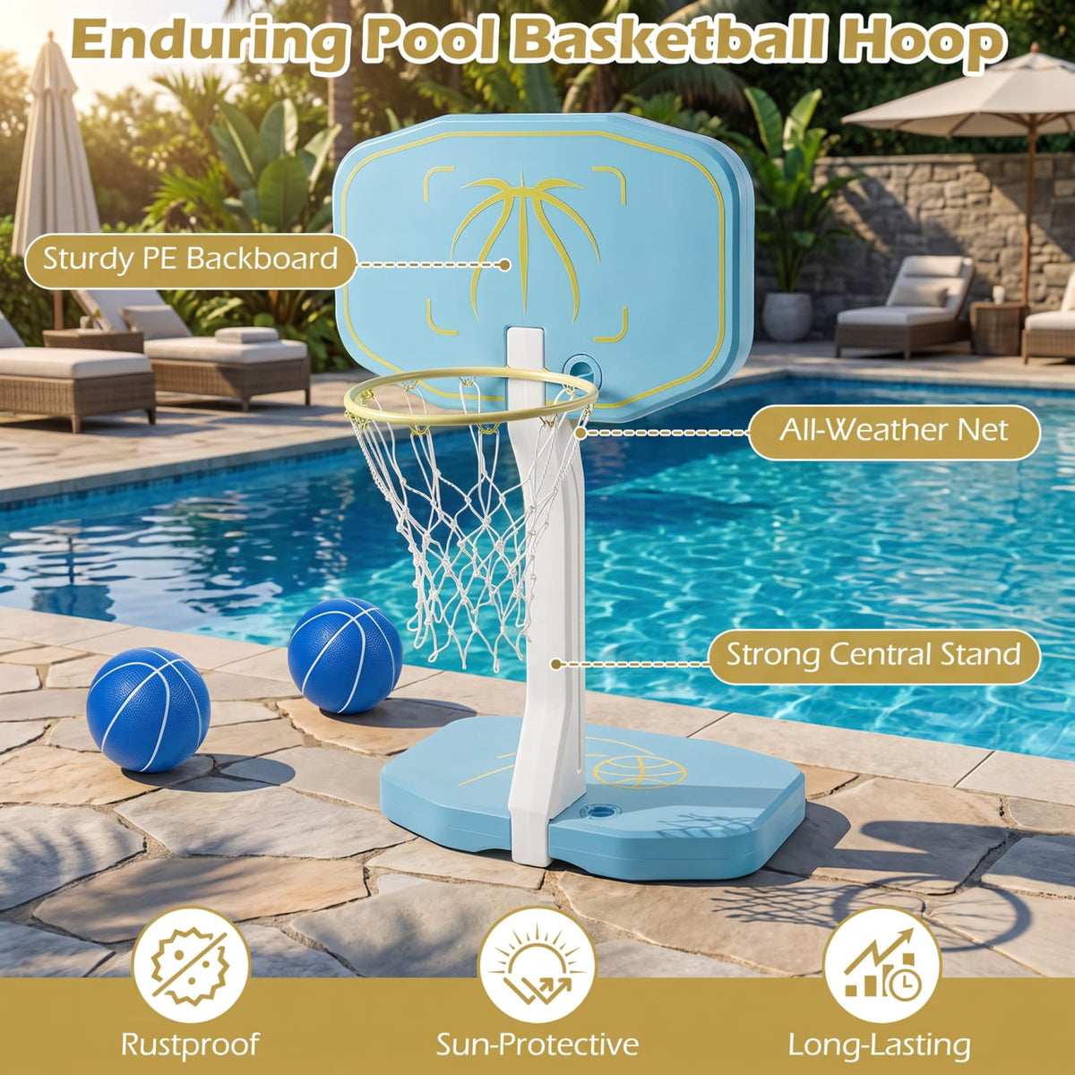 Airfind 2 in 1 Pool Basketball Hoop and Volleyball Net Set with Fillable Base for Swimming Pool Beach and Backyard Water Games, Blue