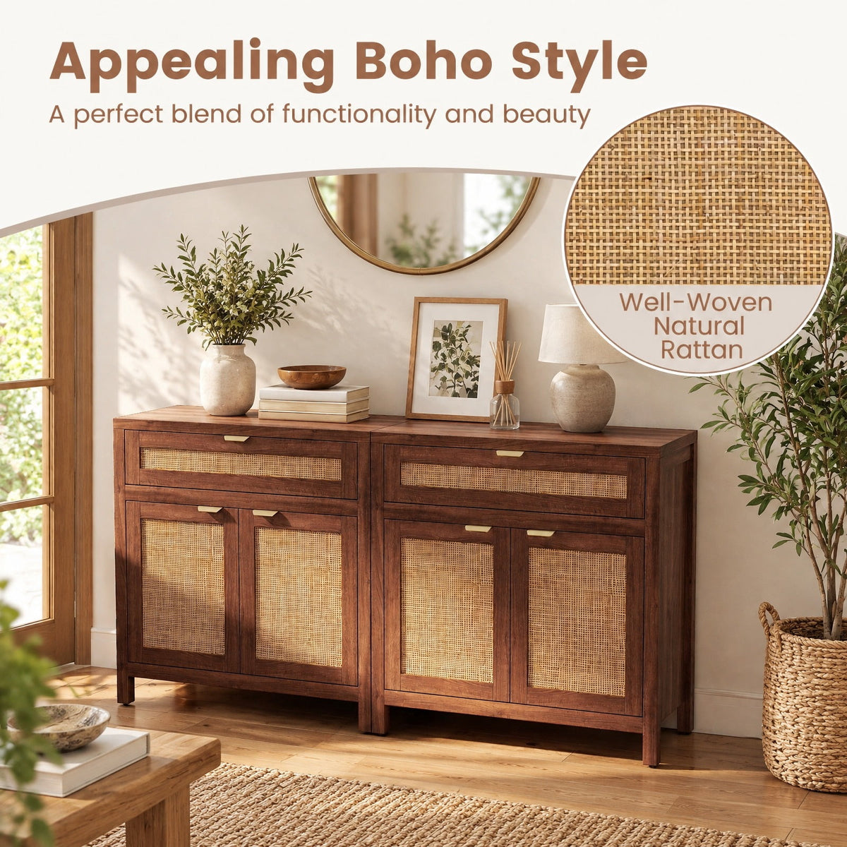 Airfind Sideboard Storage Cabinet with Rattan Doors and Drawer, 155 lbs Capacity, Engineered Wood MDF Rattan Metal Frame, Brown