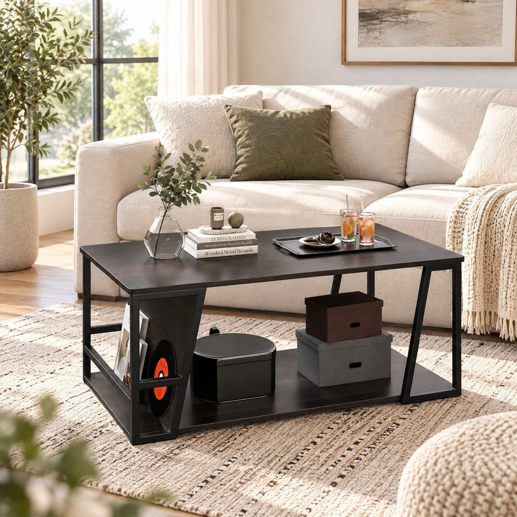 Airfind Rectangle Coffee Table 2-tier Industrial Accent Table with Storage Shelf and Compartment, 176 lbs Capacity, Engineered Wood Metal Frame